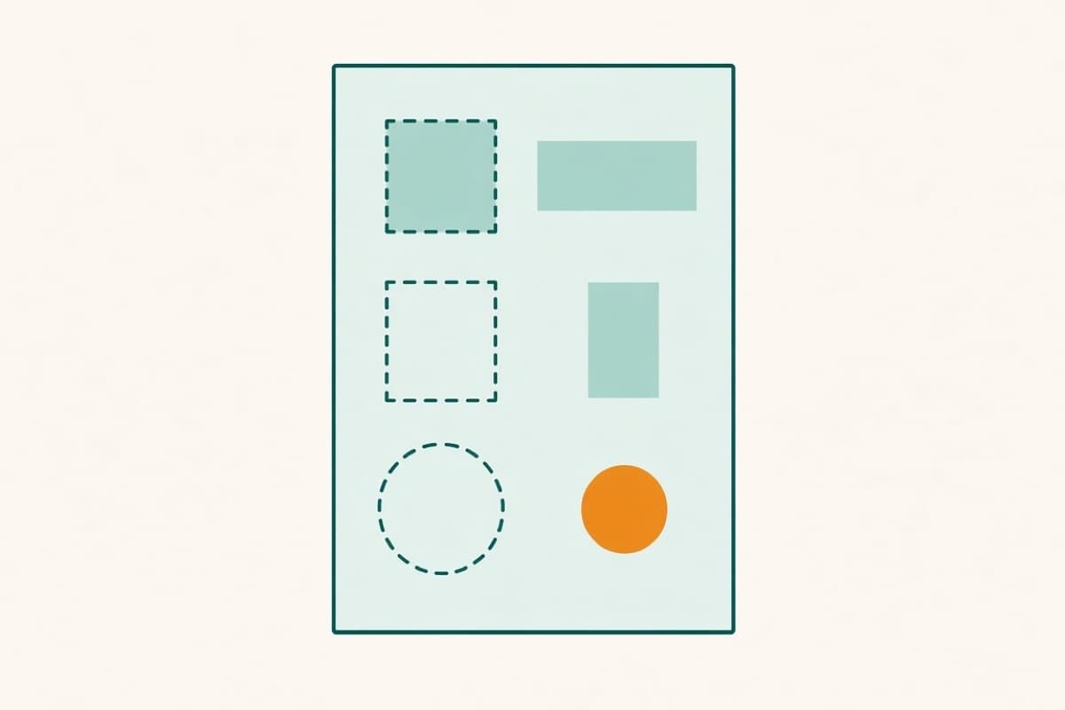 Flat illustration of a CV page being assembled from blocks, with empty slots still open
