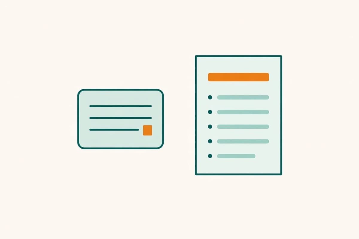 Flat illustration of a prompt card beside a CV whose top line is being rewritten