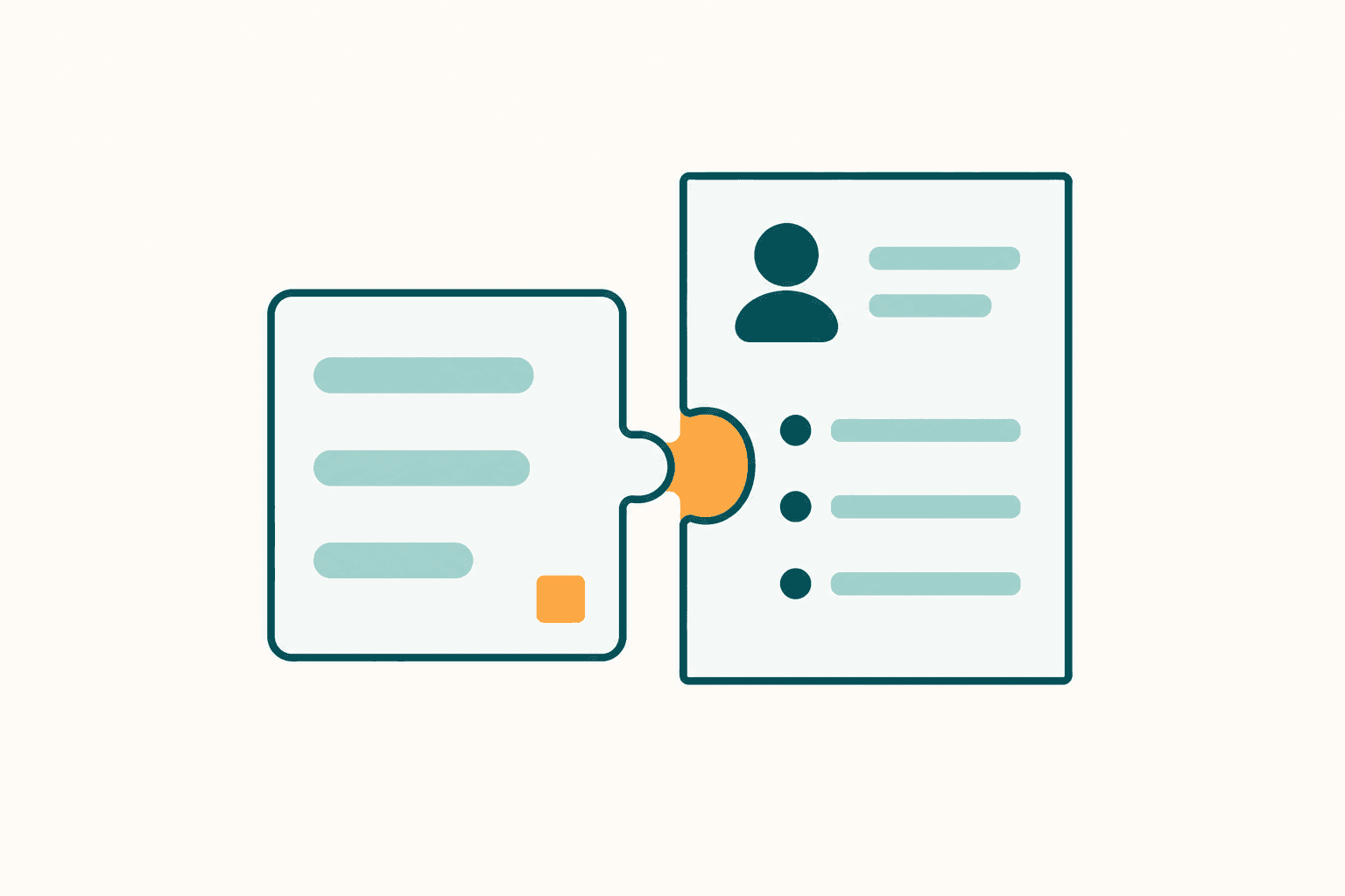 Flat illustration of a chat panel interlocking with a CV document, representing ChatGPT prompts used to tailor a resume