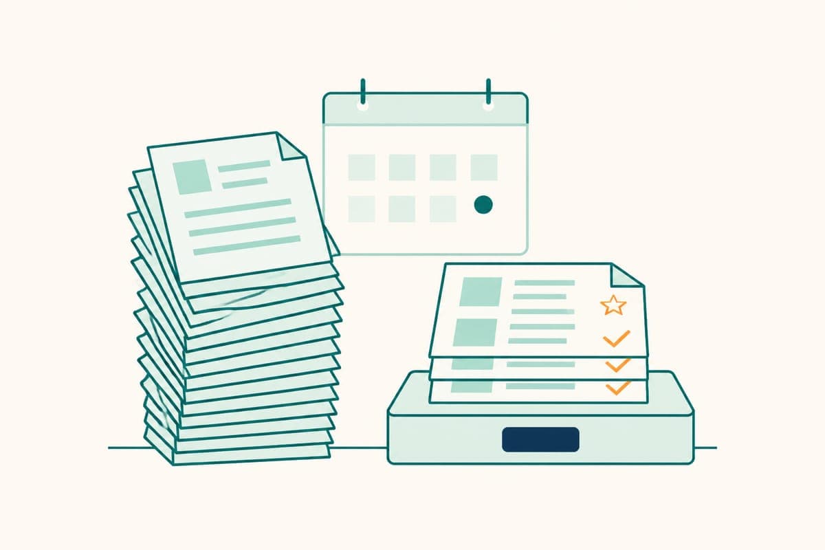 Flat illustration of a calendar with a small stack of tailored applications outperforming a large stack of generic ones