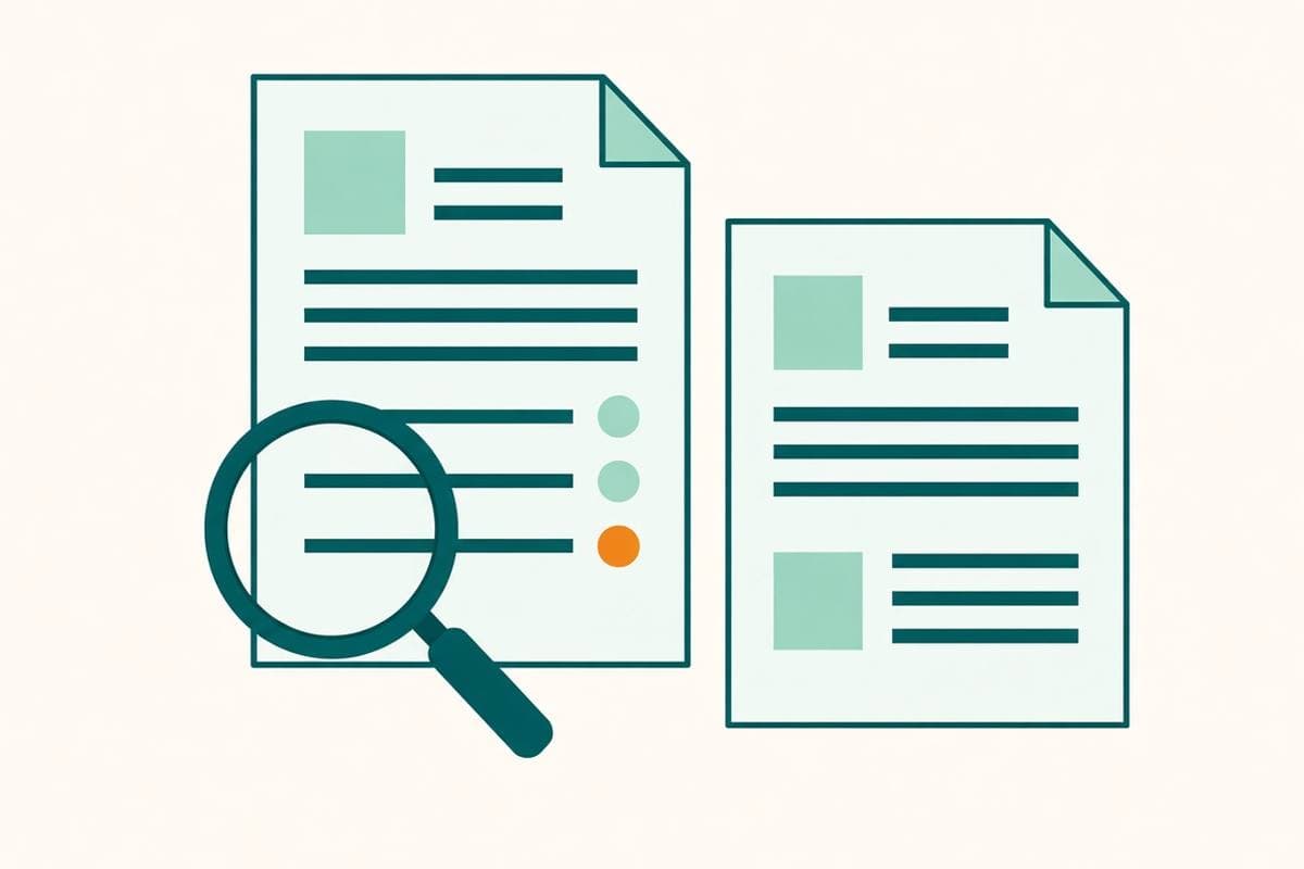 Flat illustration of a magnifying glass checking a resume beside a job posting