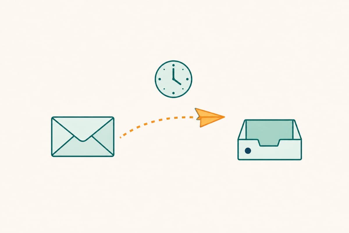 Flat illustration of a polite follow up email travelling toward a hiring manager's inbox