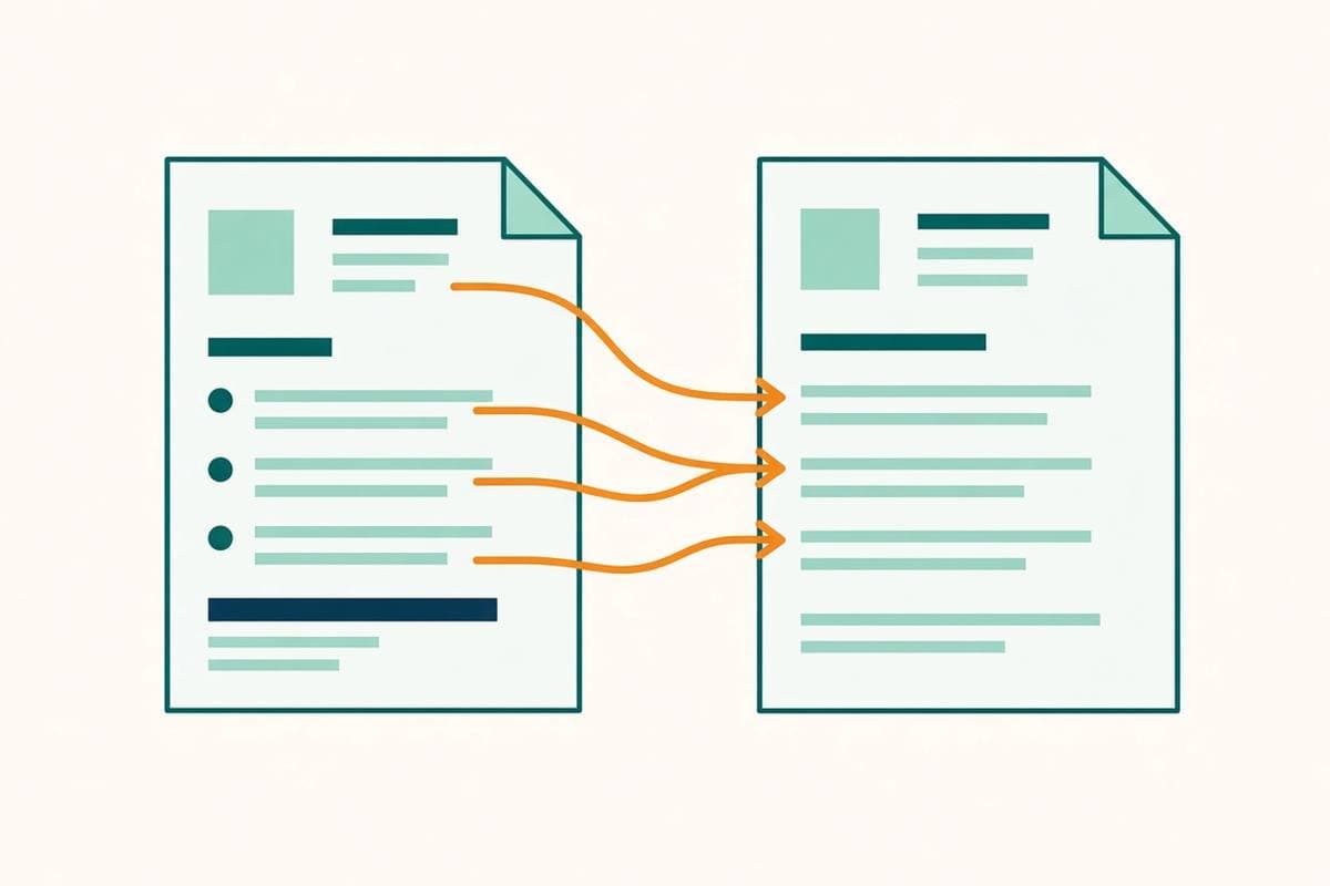 Flat illustration of a resume mapped to a job posting, with lines connecting matching points