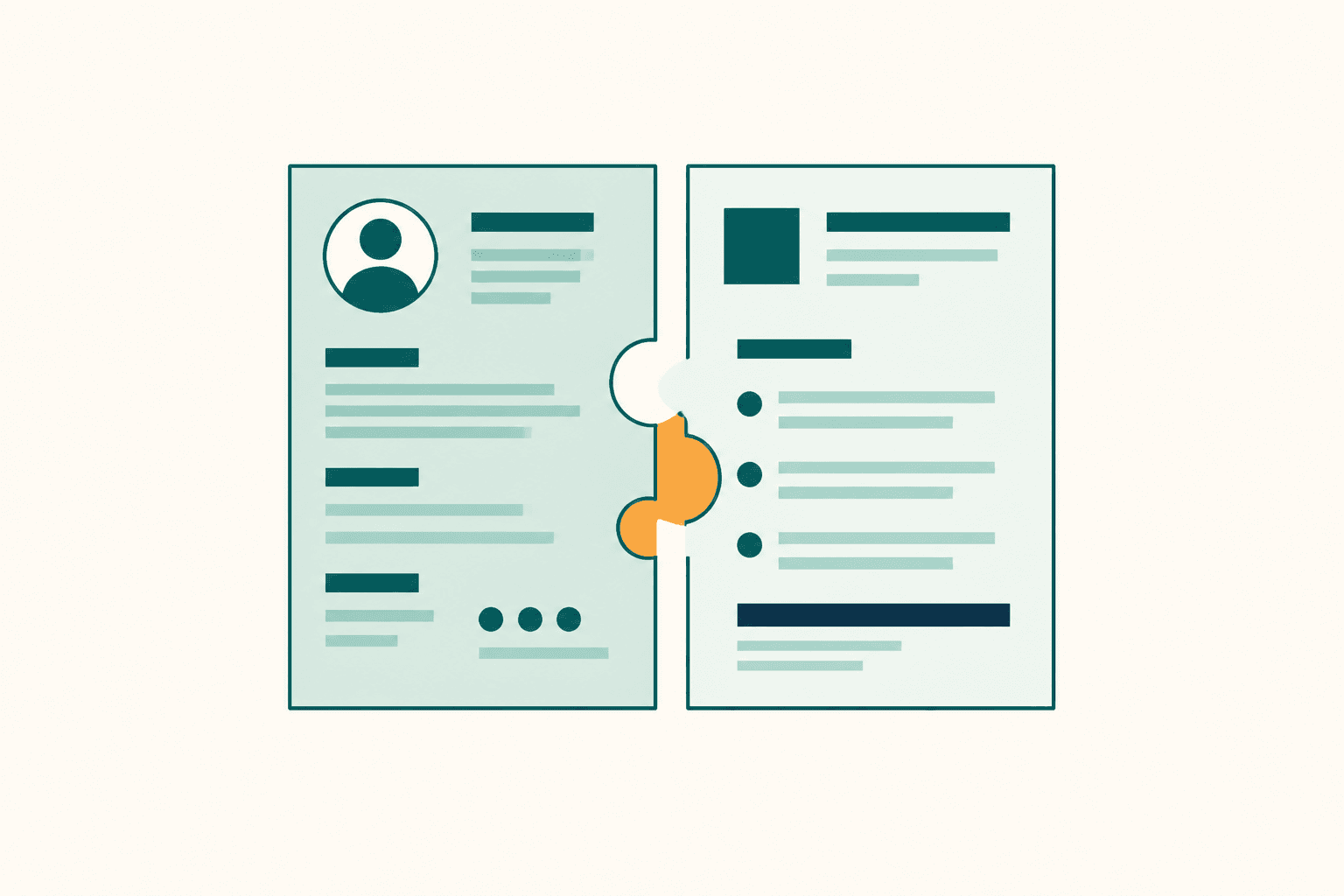 Flat illustration of a CV and a job listing merging together with interlocking edges