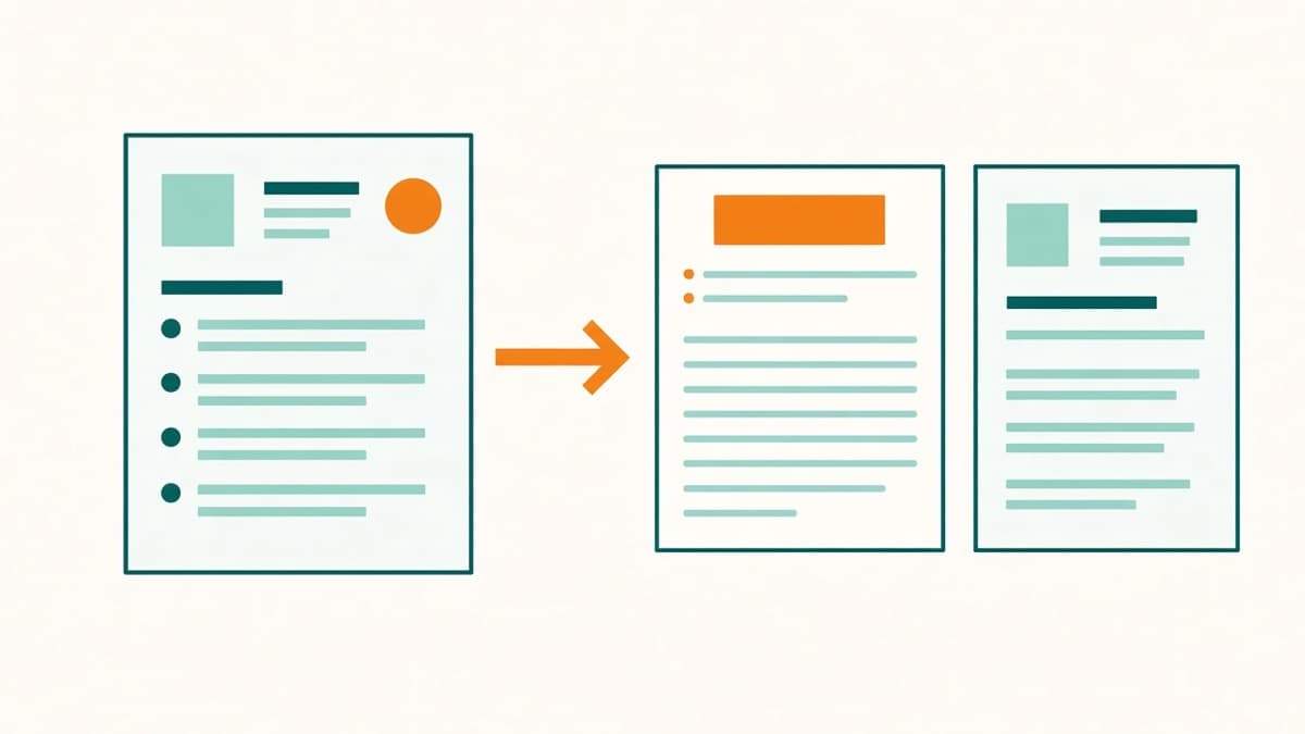 Flat illustration of a scored CV turning into a rewritten CV and a cover letter
