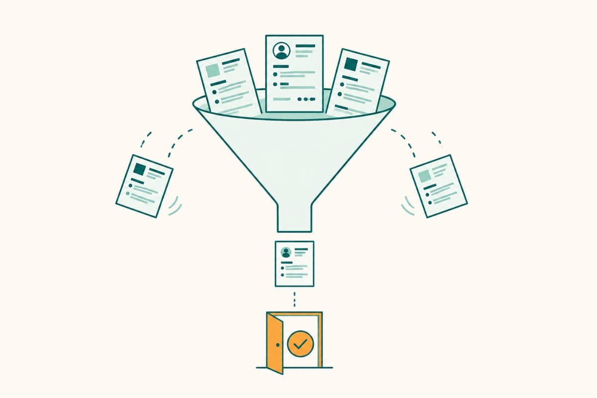 Flat illustration of a job application funnel with most applications falling away before reaching an interview stage