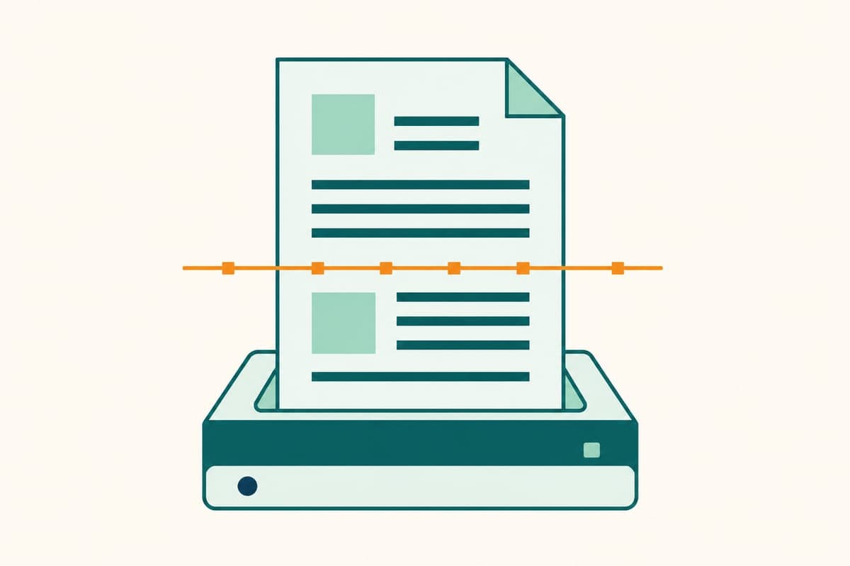 Flat illustration of a CV document passing through a scanner beam, representing an applicant tracking system parsing a resume