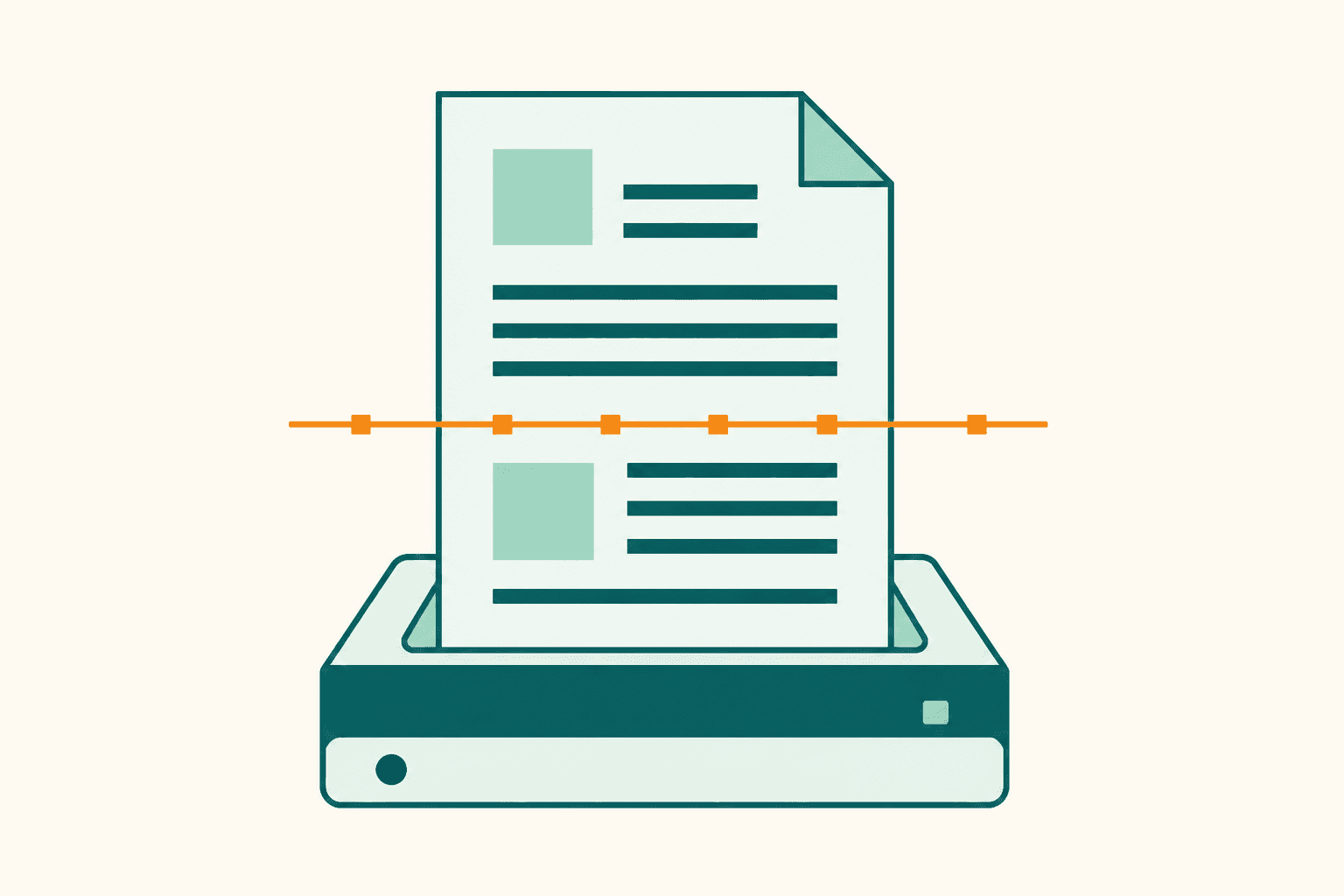 Flat illustration of a CV document passing through a scanner beam, representing an applicant tracking system parsing a resume