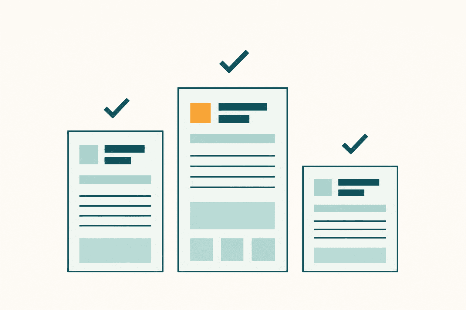 Flat illustration of three CV documents standing at different heights like a comparison podium