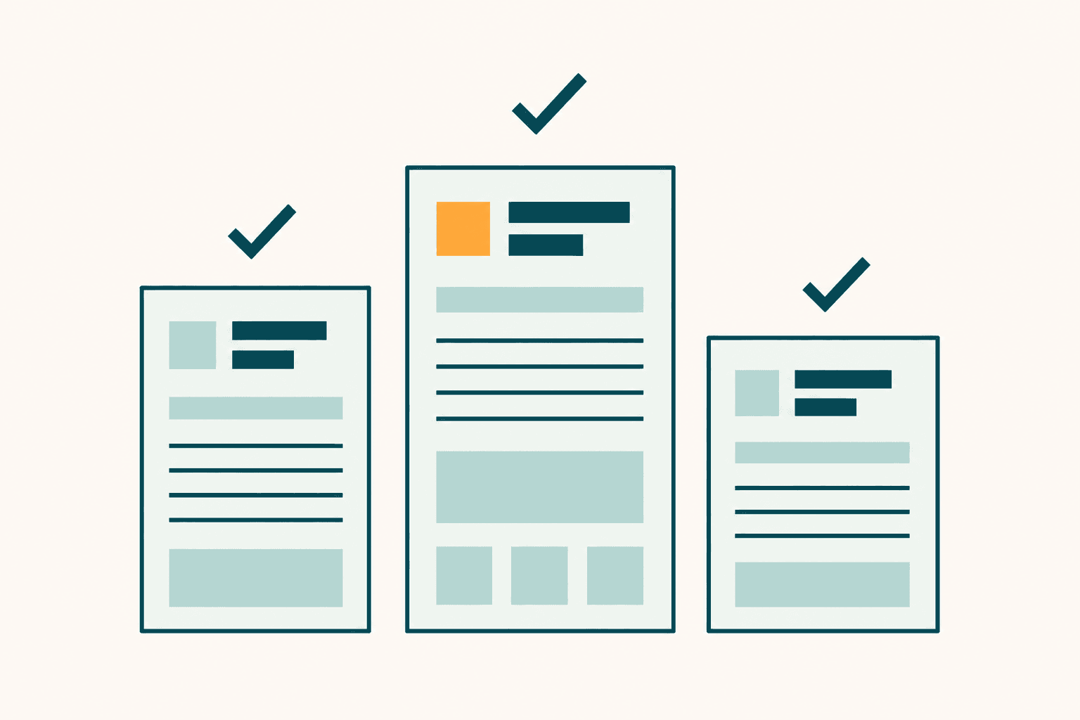 Flat illustration of three CV documents at different heights with checkmarks, representing a tailoring-tools comparison