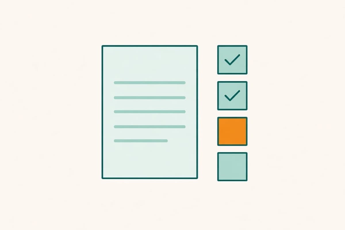 Flat illustration of a CV beside a checklist, with some boxes checked and one still open