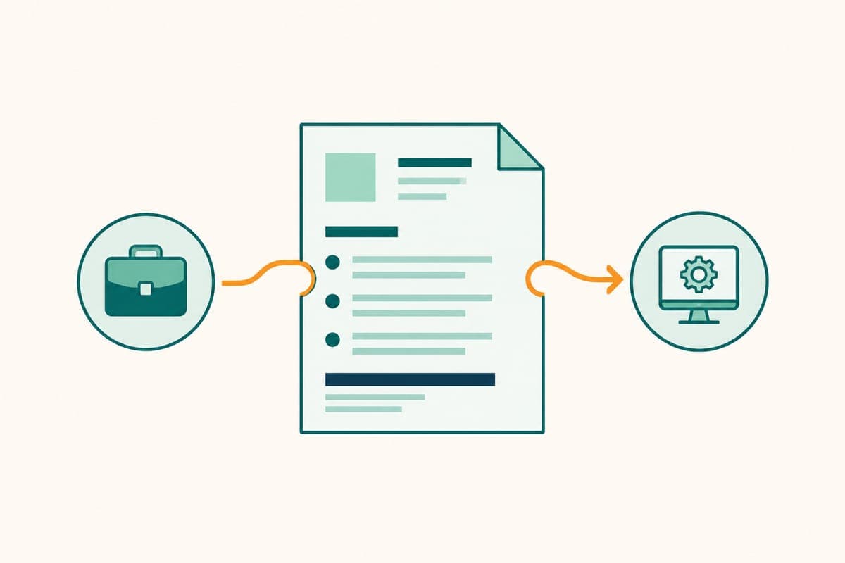Flat illustration of a CV bridging two career paths, with transferable skills carrying across the gap