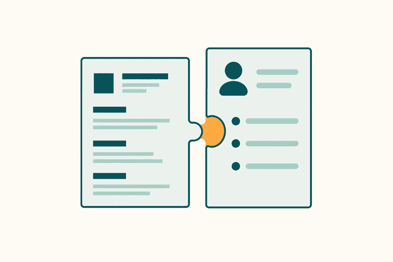 Flat illustration of a job posting and a cover letter connecting with a single orange accent