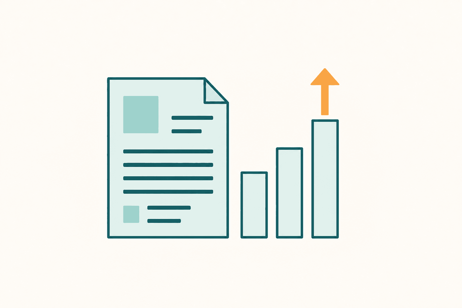 Flat illustration of a CV document beside a rising bar chart and upward arrow