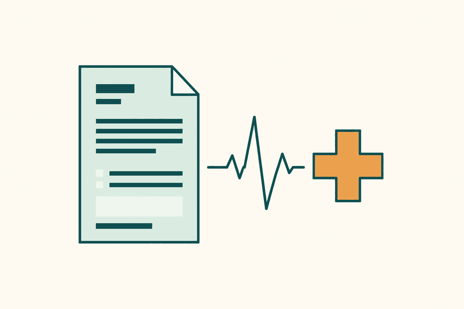 Flat illustration of a CV document beside a heartbeat line and a plus cross