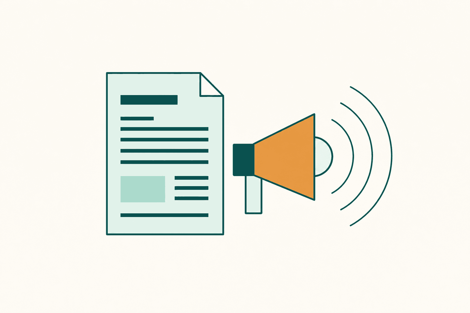 Flat illustration of a CV document beside a geometric megaphone
