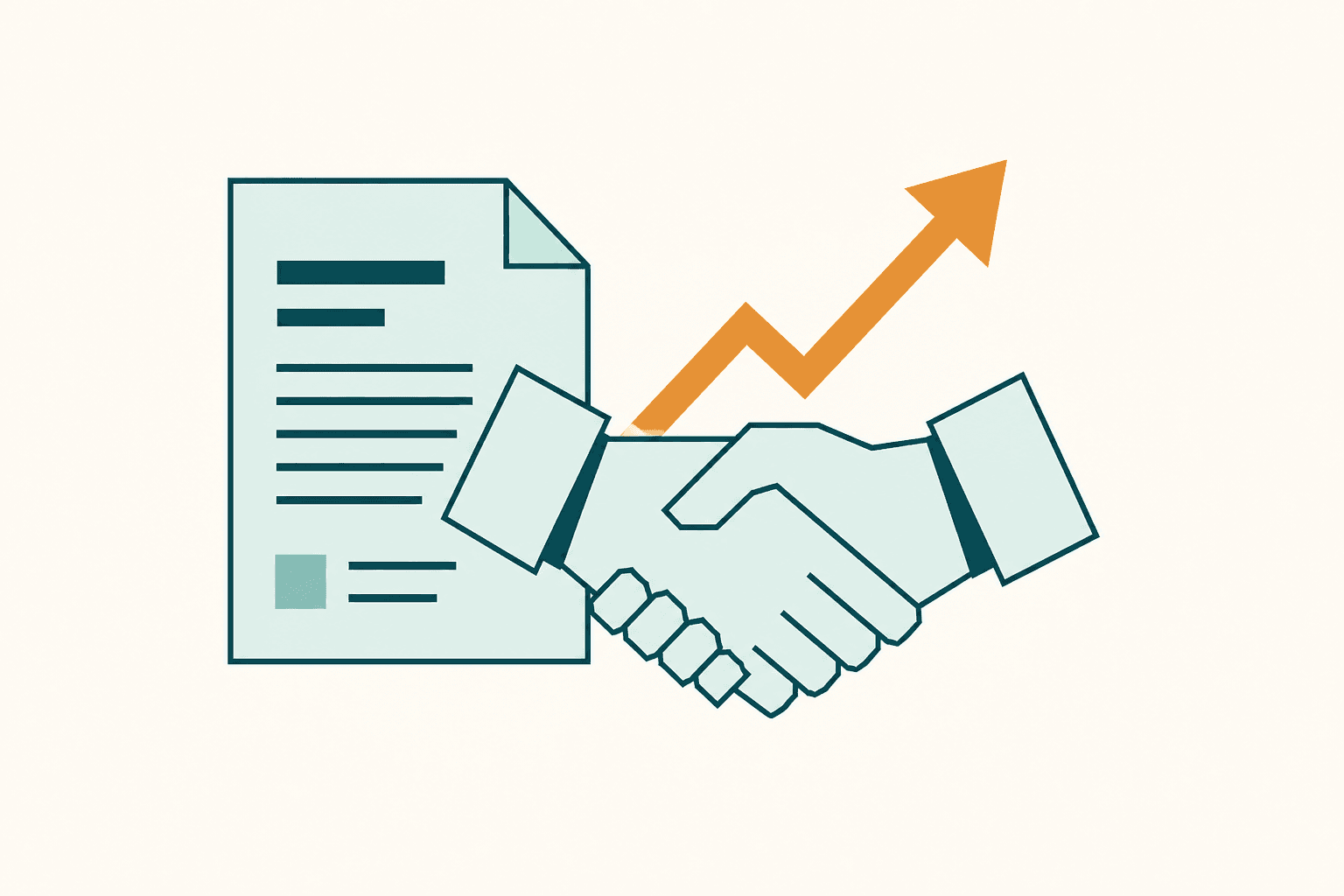 Flat illustration of a CV document beside a handshake and a rising arrow