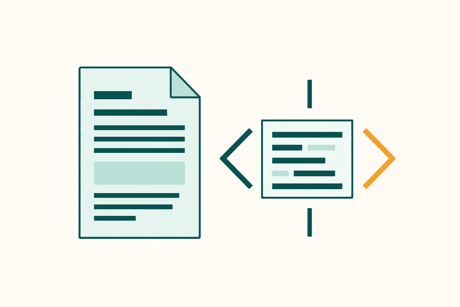 Flat illustration of a CV document beside an abstract code-bracket motif