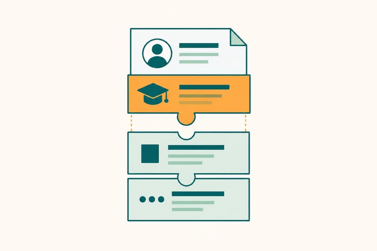 Flat illustration of a first CV built from education, projects, and skills blocks slotting into place