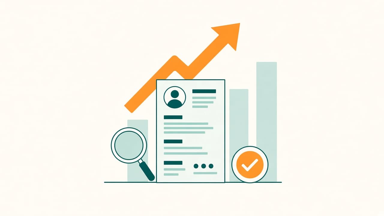 Flat illustration of a CV with an upward trend arrow, magnifying glass, and checkmark