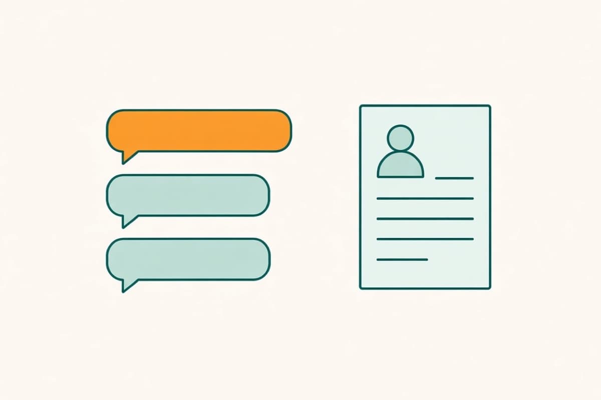 Flat illustration of a stack of chat bubbles beside a separate CV