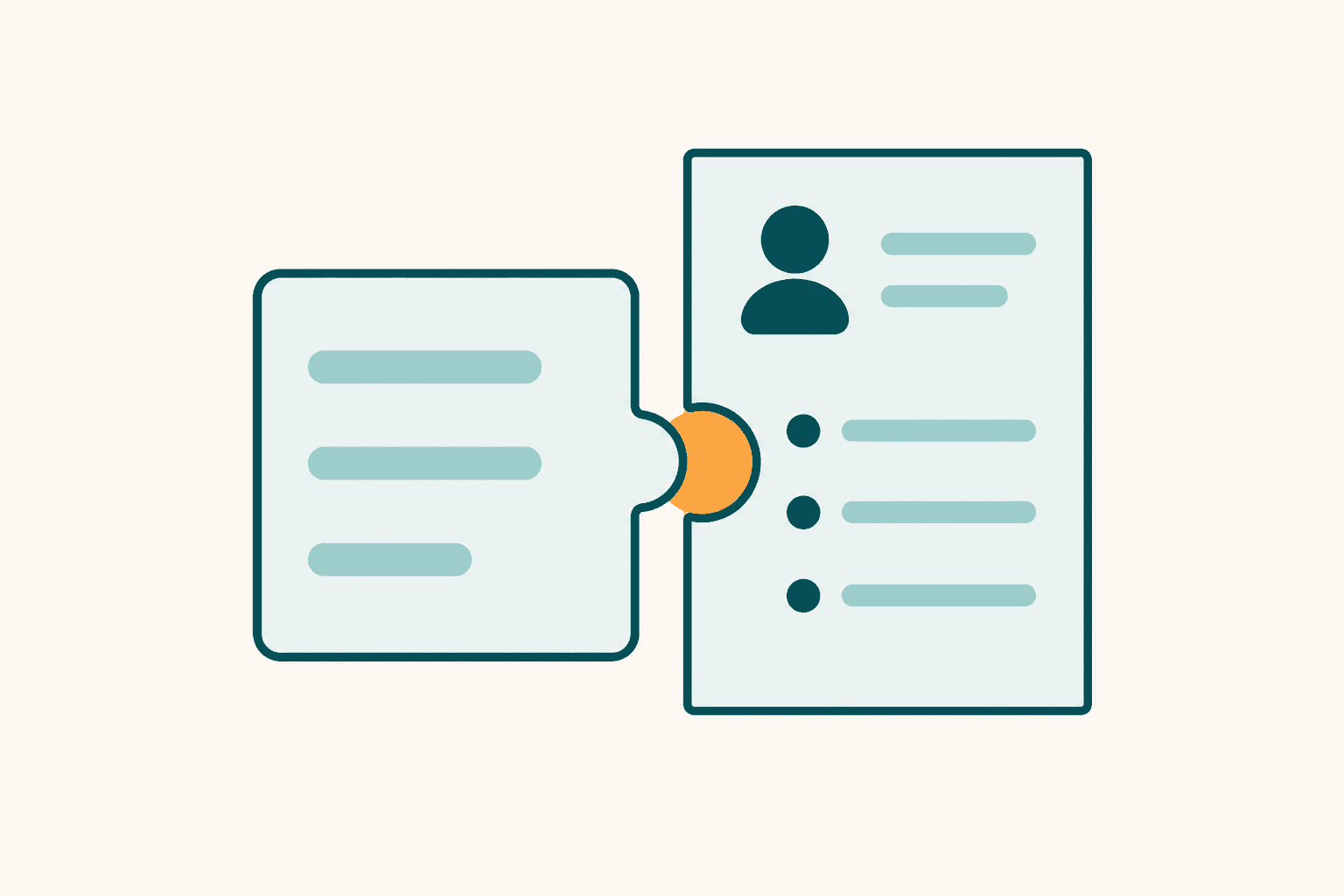 Flat illustration of a chat panel and a CV document joined by a single orange connector