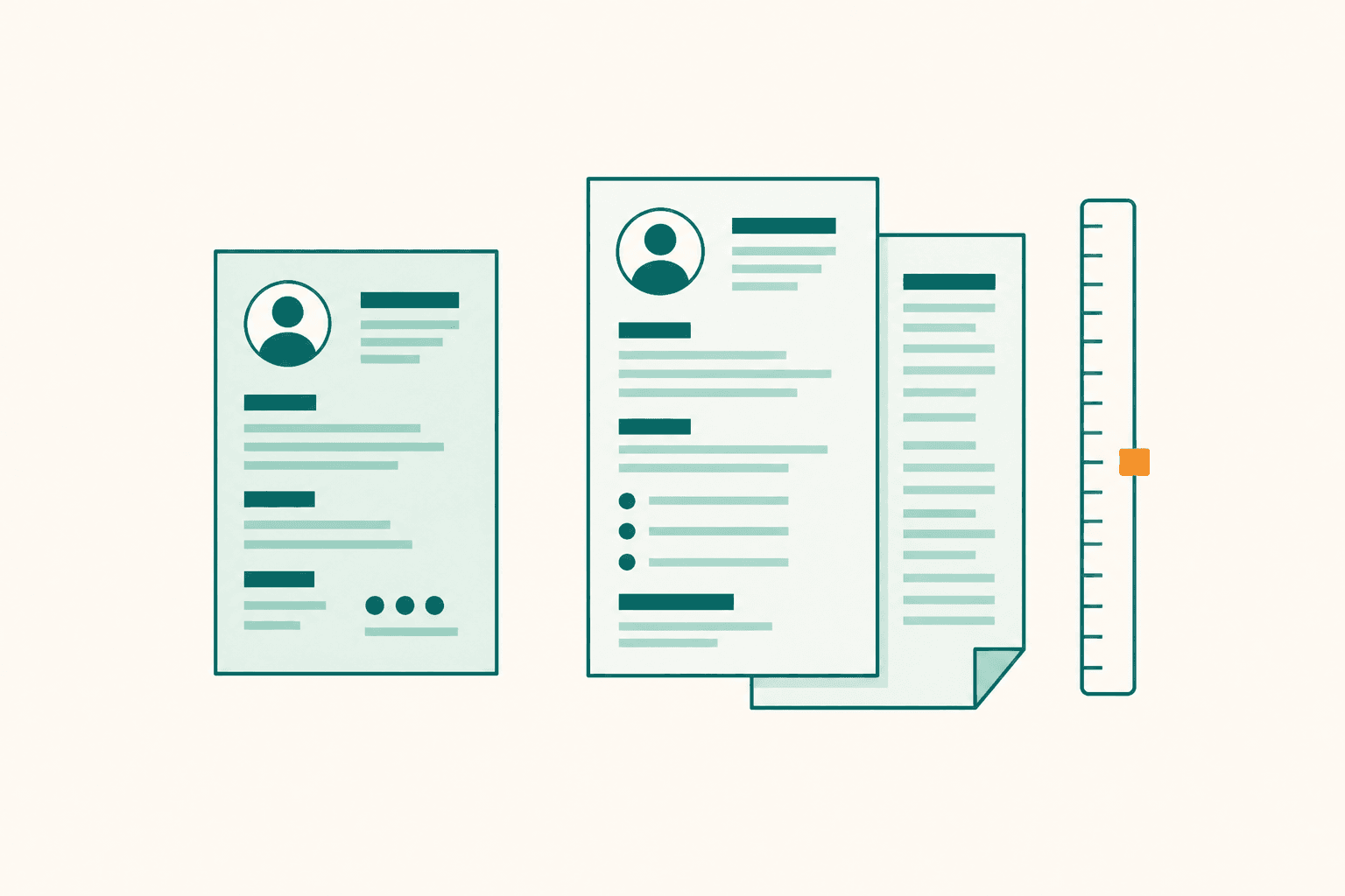 Flat illustration comparing a padded CV with a dense, well-edited CV of the right length