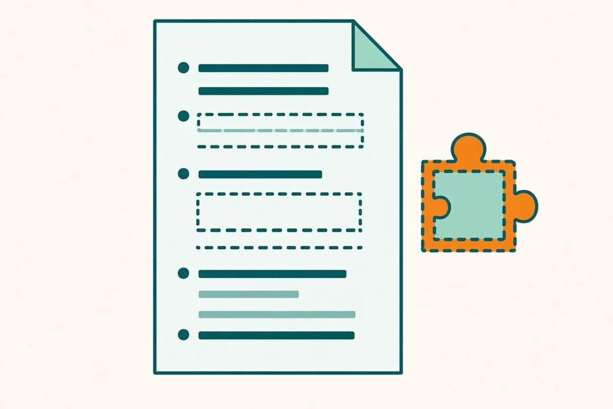 Flat illustration of a CV with empty gaps and a puzzle piece waiting to fill one