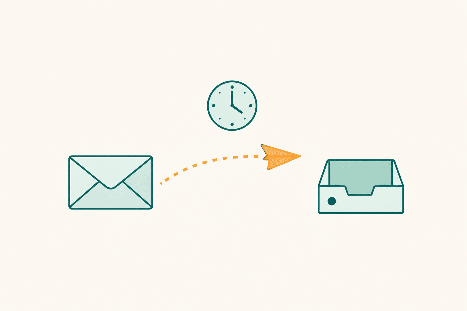 Flat illustration of a polite follow up email travelling toward a hiring manager's inbox