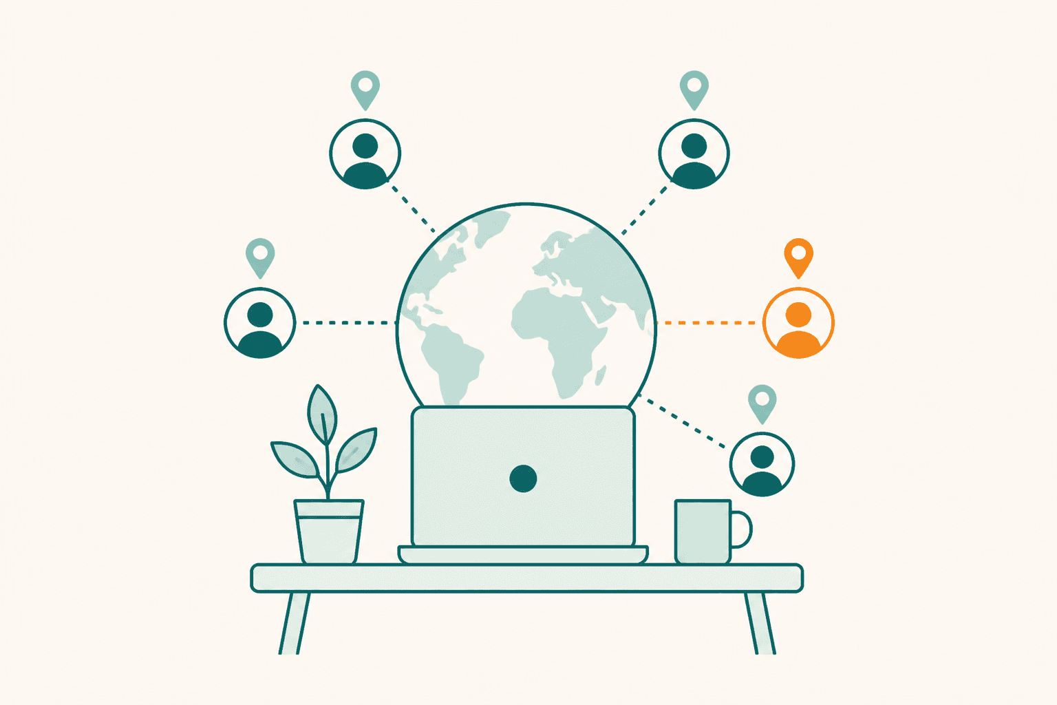 Flat illustration of a remote worker connecting to a global team from a home desk