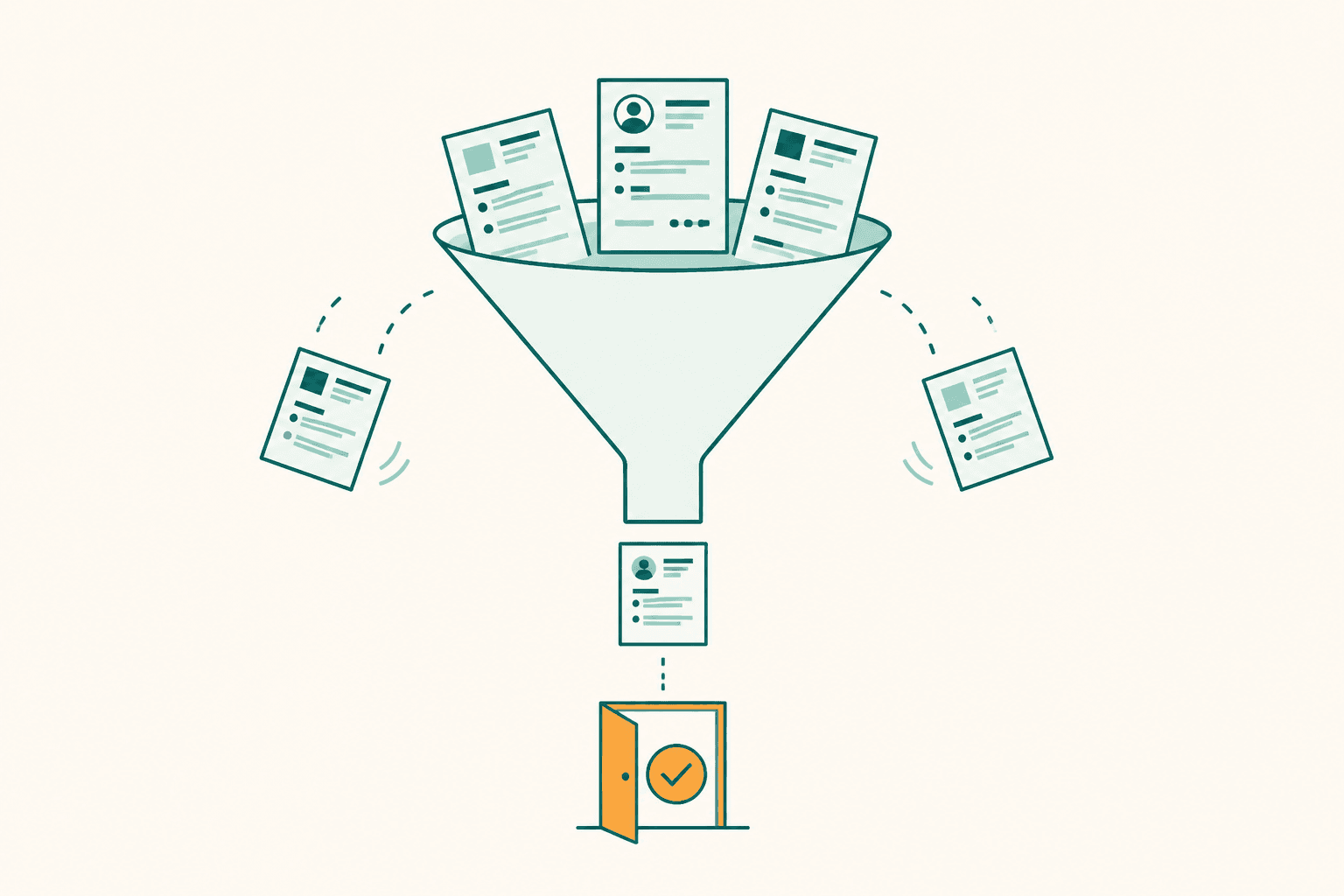 Flat illustration of a job application funnel with most applications falling away before reaching an interview stage