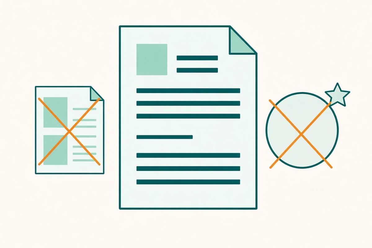 Flat illustration of a single column CV, with a two column layout and a photo marked as rejected