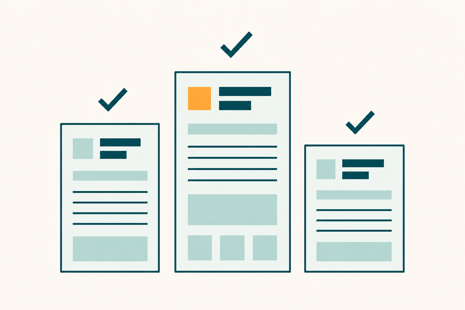 Flat illustration of three CV documents at different heights with checkmarks, representing a tailoring-tools comparison