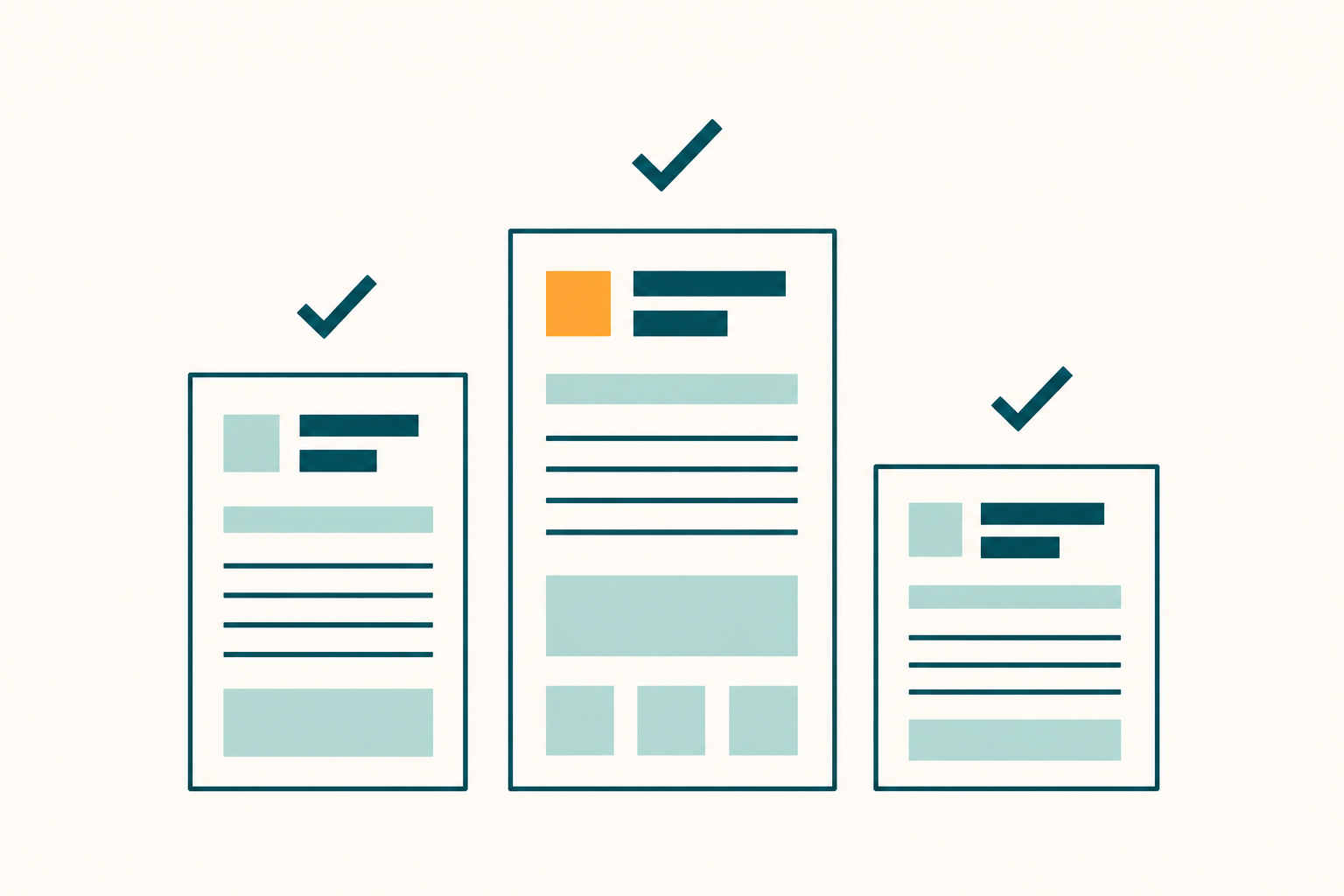 Flat illustration of three CV documents at different heights with checkmarks, representing an ATS checker comparison