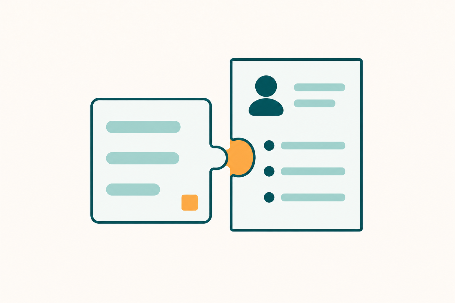 Flat illustration of a chat panel interlocking with a CV document, representing ChatGPT prompts used to tailor a resume