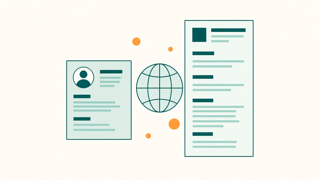 Flat illustration of a short resume page and a long CV page beside a globe icon