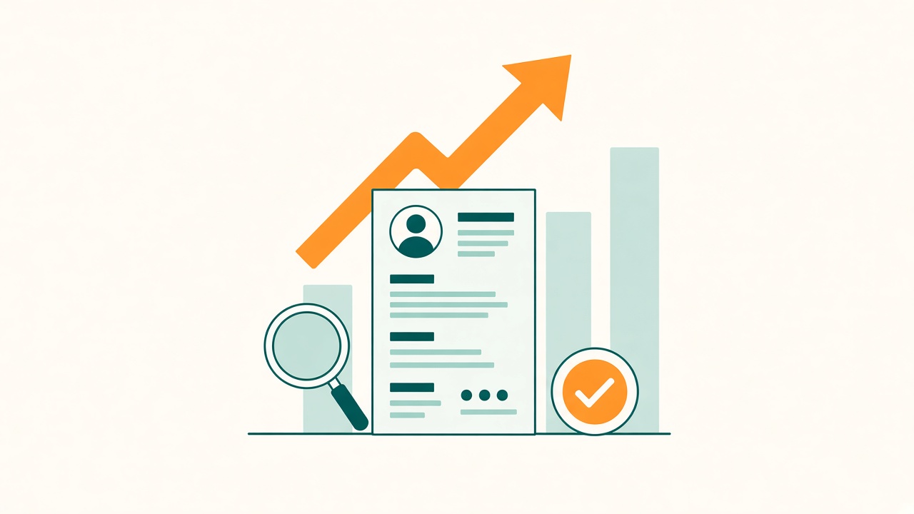 Flat illustration of a CV with an upward trend arrow, magnifying glass, and checkmark