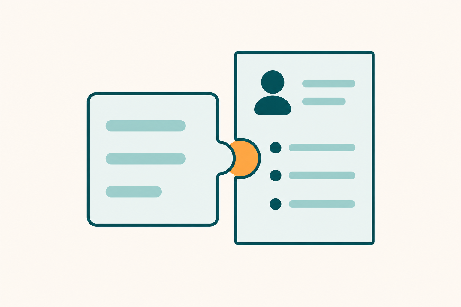Flat illustration of a chat panel and a CV document joined by a single orange connector