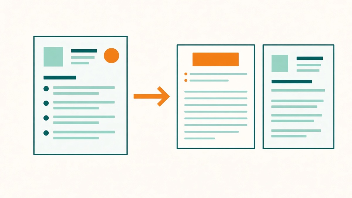 Flat illustration of a scored CV turning into a rewritten CV and a cover letter