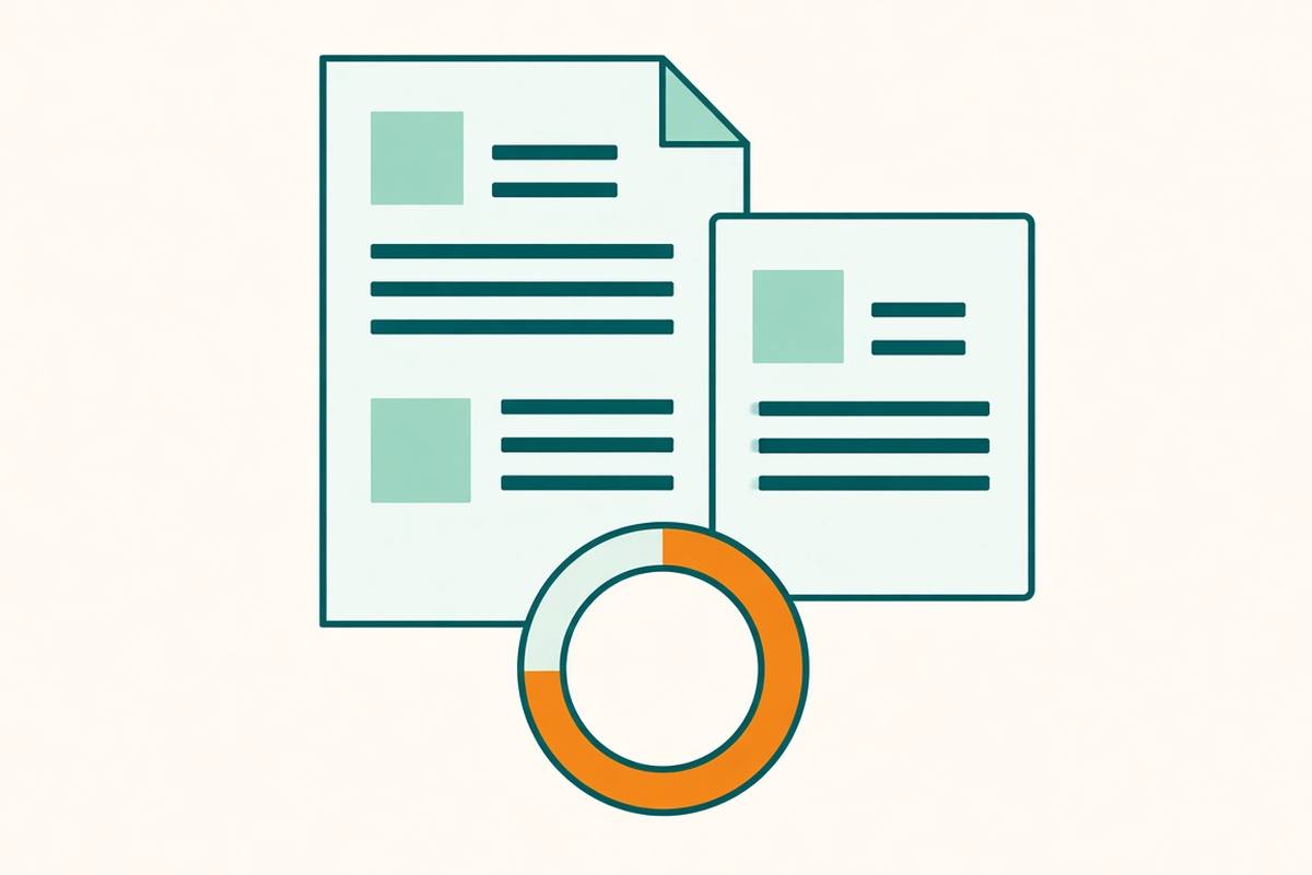 Flat illustration of a resume and a job posting with a partial match ring in front