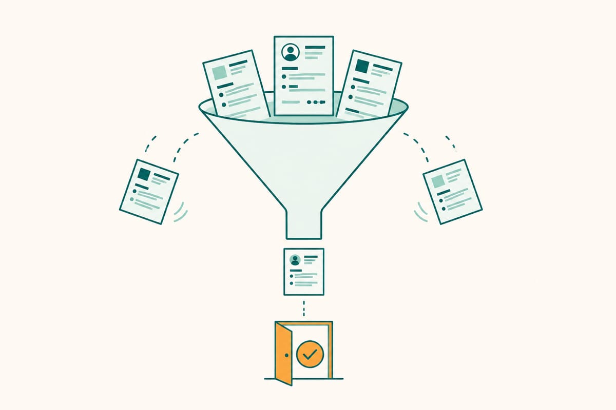 Flat illustration of a job application funnel with most applications falling away before reaching an interview stage